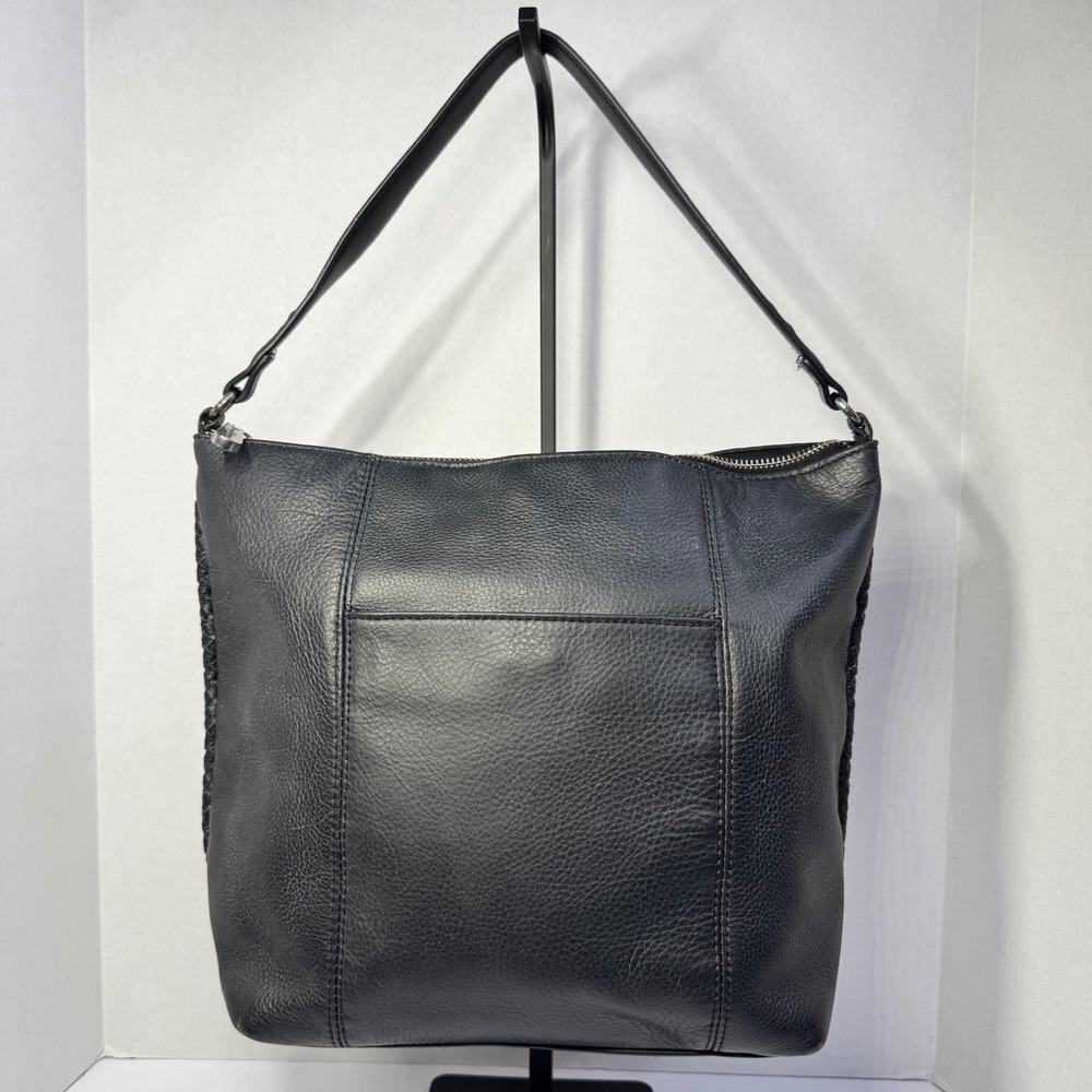 Tommy Bahama Black Leather Hobo Shoulder Bag Braided Detail Zip Top Front Pocket